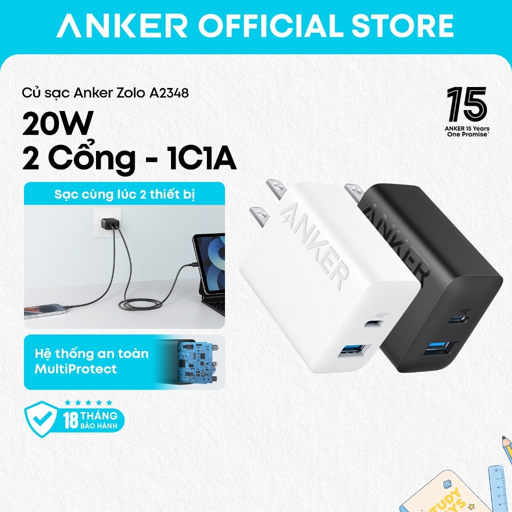 Củ sạc nhanh Anker A2348/B2348 2 cổng 1C1A tối đa 20W, tương thích iPhone/Samsung/Xiaomi