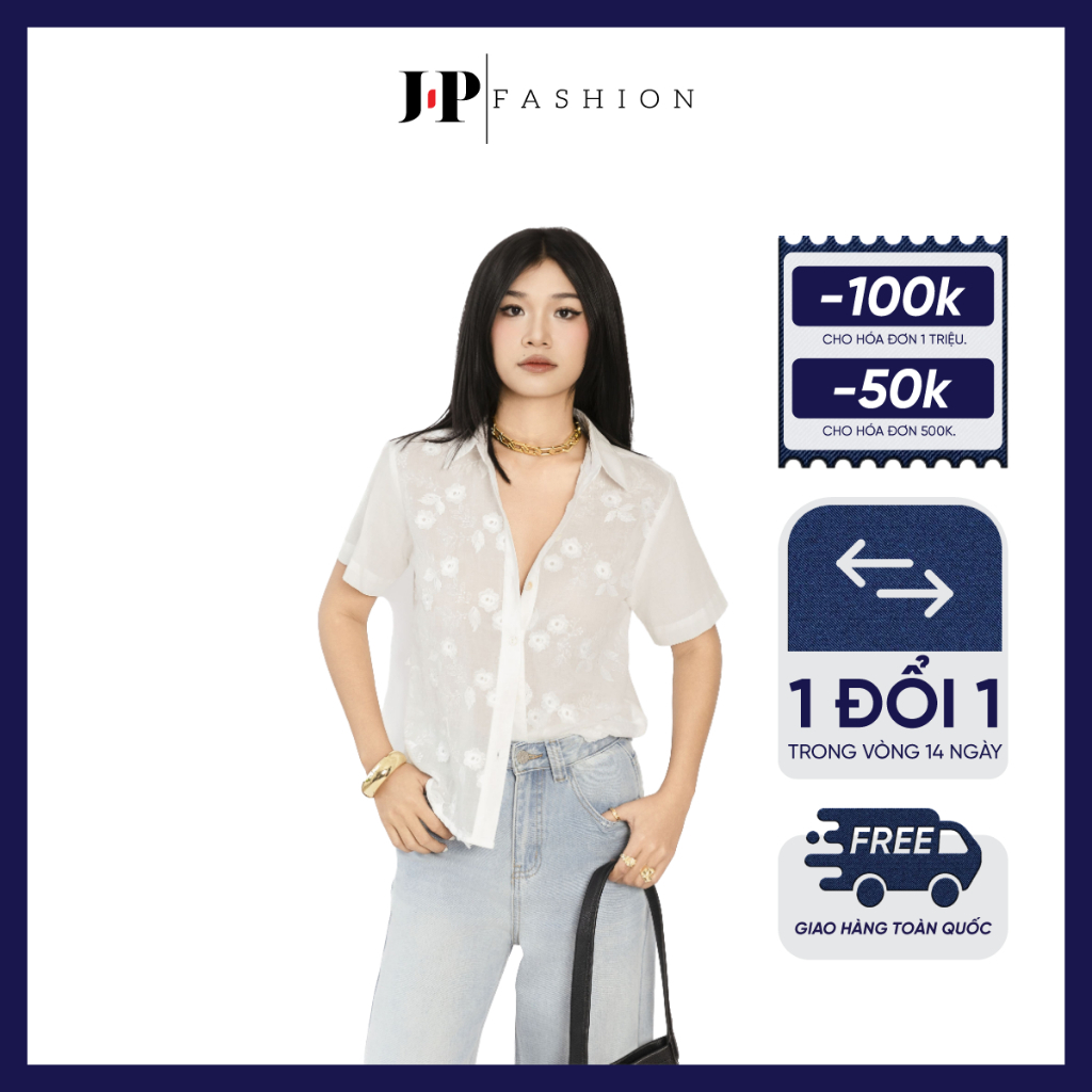 Áo Sơ Mi Nữ J-P Fashion Ngắn Tay Vải Kate Mềm Mát, Áo Sơ Mi Form Rộng 10611793
