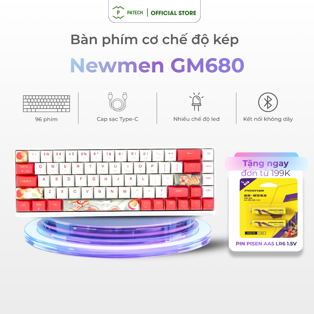 Bàn phím cơ không dây Dual Mode Newmen GM680 Long Hổ 68 phím Hotswap,đa chế độ kết nối BT5.0 & Wired