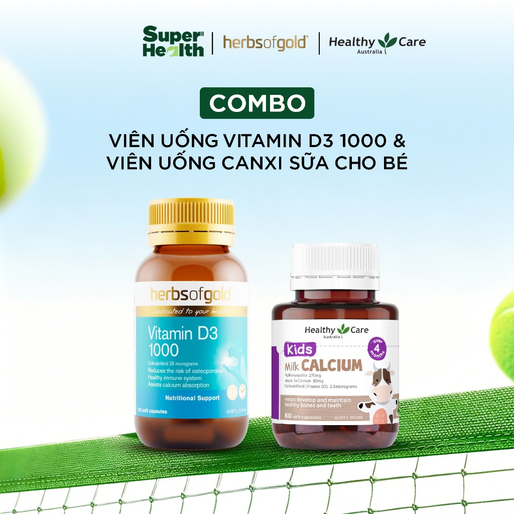 COMBO Viên Uống Healthy Care Kids Milk Calcium 270mg  Và Viên Uống Herbs of Gold Vitamin D3 1000 - S