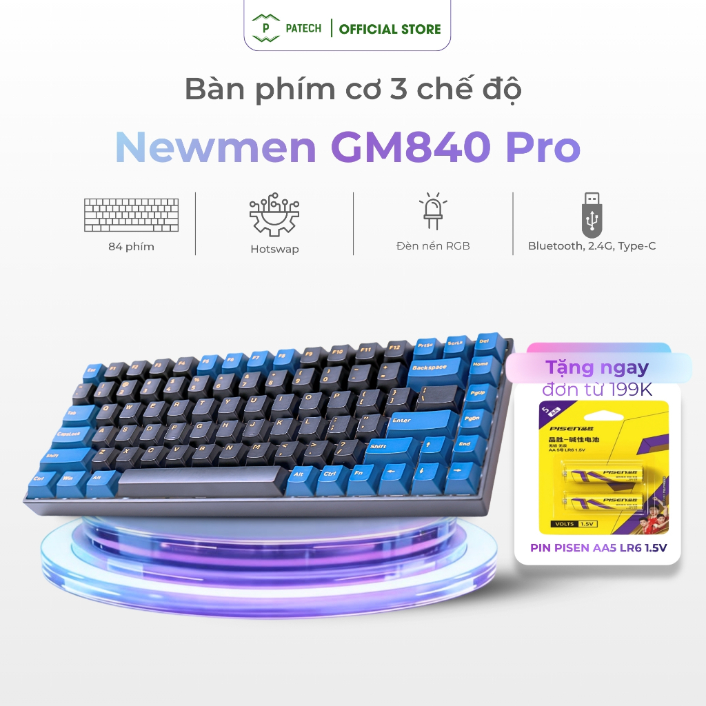 Bàn phím cơ không dây Dual Mode Newmen GM840 Pro (Trăng&Mây)Bluetooth 5.0/2.4g|có dây USB Type-C|Đèn