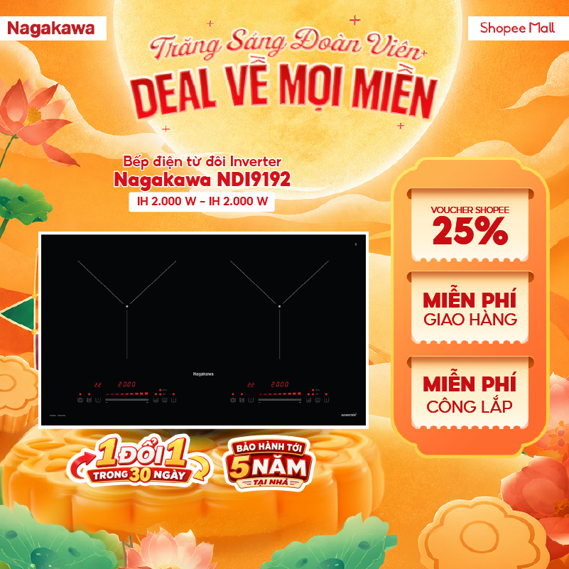 Bếp Từ Đôi Nagakawa NDI9192 4000W – Inverter Tiết Kiệm Điện, Booster Nấu Nhanh, Kính Kanger Bo Viền,