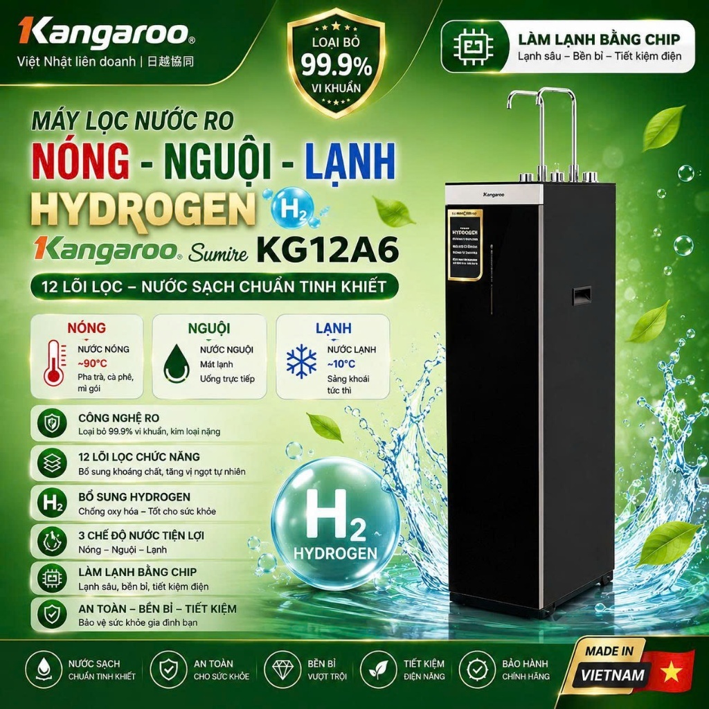 Máy lọc nước RO nóng nguội lạnh Hydrogen Kangaroo Sumire KG12A6 12 lõi, 12a6 - Miễn phí lắp đặt KV H