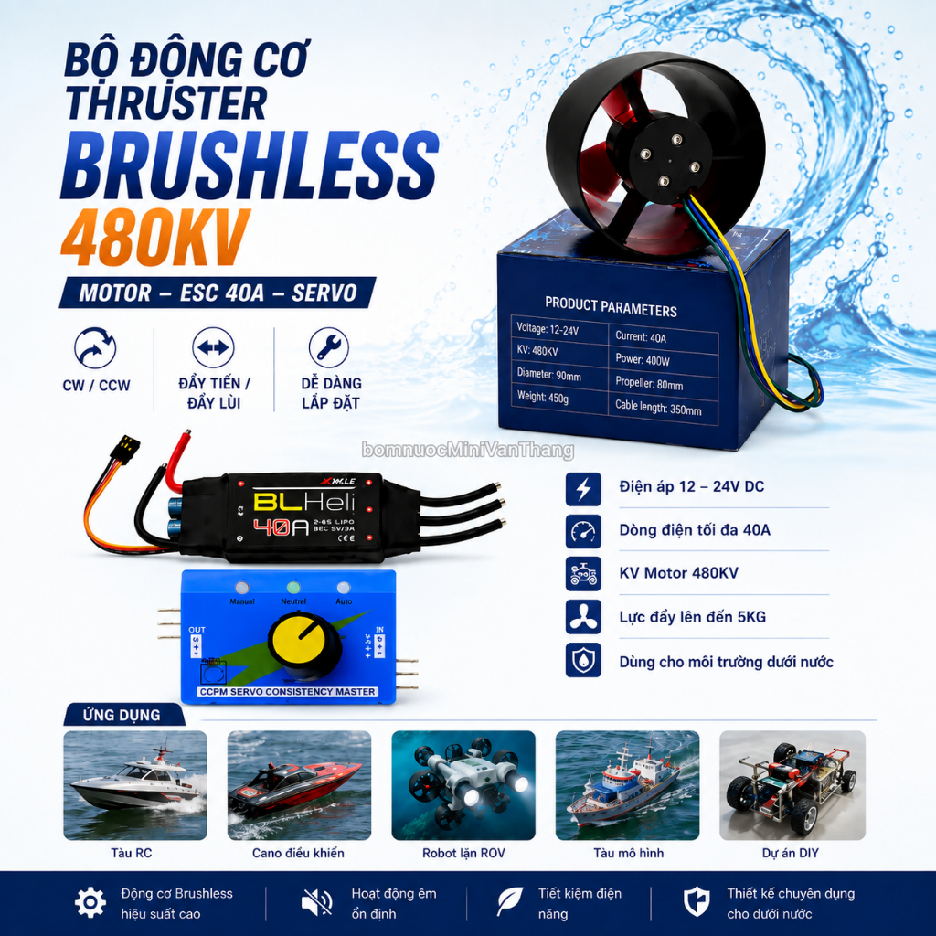 Bộ Động Cơ Thruster Brushless 480KV 40A – ESC 40A + Servo Cho Thuyền