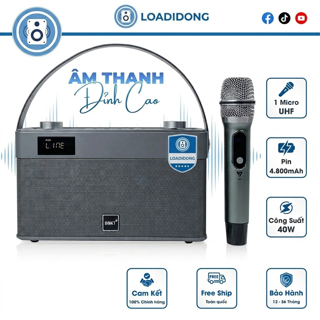 Loa Bluetooth Karaoke Xách Tay BOXT Q5S Chính Hãng - Công Suất 40W, Kèm Micro Không Dây Cao Cấp bảo 
