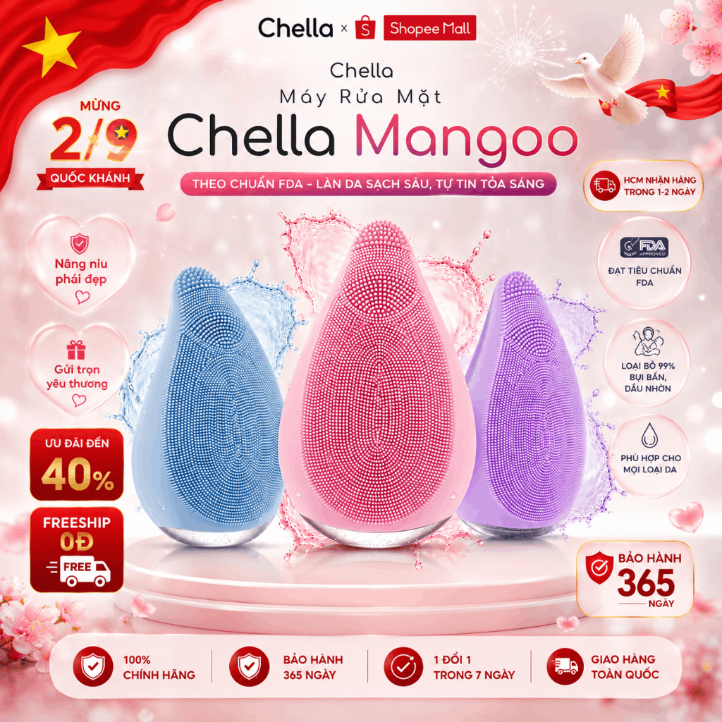 Máy rửa mặt Chella Mangoo - Đạt chuẩn FDA - Loại bỏ bụi bẩn, hỗ trợ sạch sâu - Chất liệu Silicon Y t
