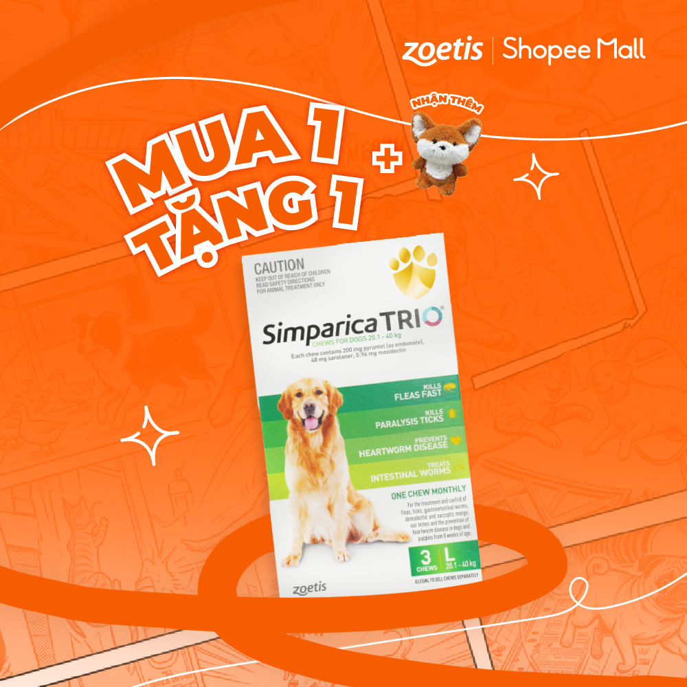 Simparica Trio –Viên Nhai Phòng Ve, Ghẻ Bọ Chét kết hợp Tẩy Giun Cho Chó Zoetis từ 20.1-40kg size L(