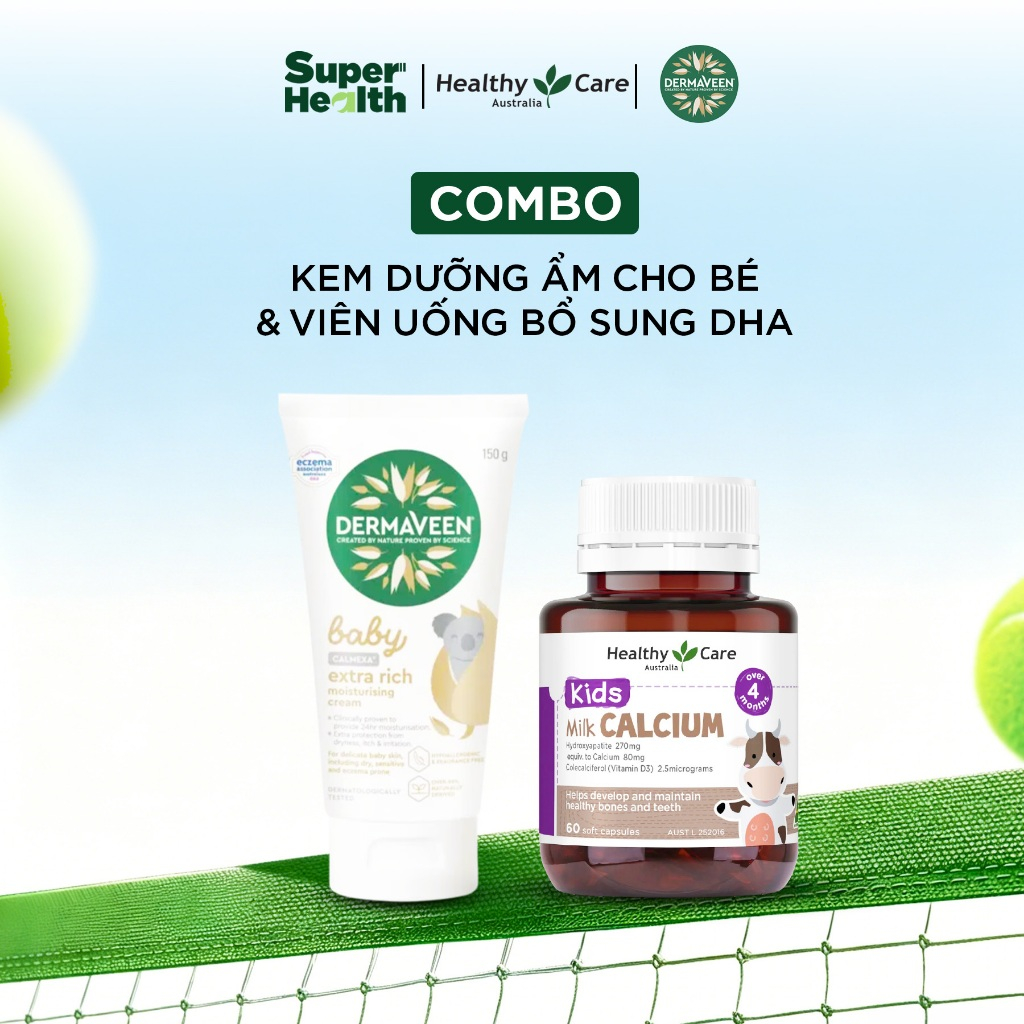 COMBO Canxi Sữa HealthyCare Kids Milk Calcium 60 Viên Và Kem Dưỡng Ẩm DermaVeen Calmexa Extra Rich M