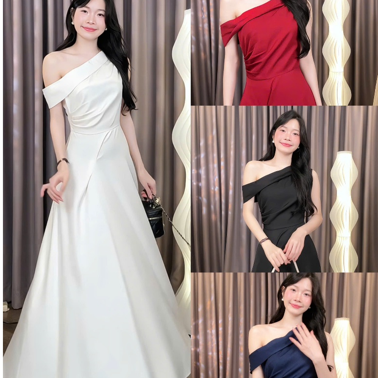 [Đ.51-T] Đầm Thiết Kết Lệch Vai Dáng Dài Sang Trọng Cổ Điển (Có Túi) Women Top Dress | Tũm Clothing