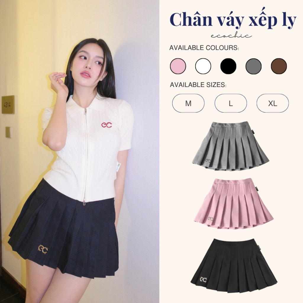 Chân Váy Xếp Li Ngắn Dáng Xoè ECOCHIC Logo Tag Kim Loại Hồng Ghi Nâu Đen Trắng F537