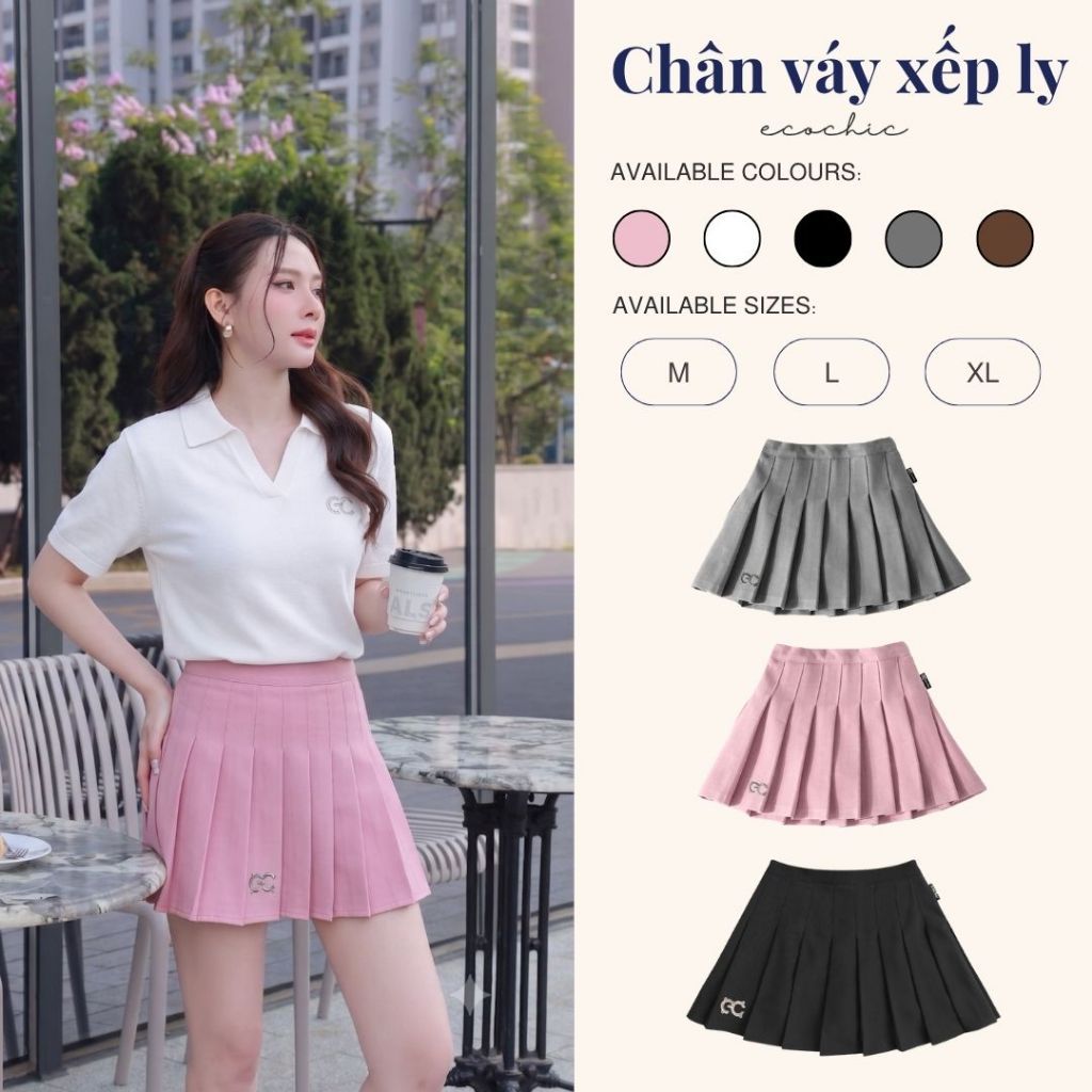 Chân Váy Tennis Xếp Ly Chính Hãng ECOCHIC Dáng Xoè Ngắn Cạp Cao Có Lót Trong Màu Trắng Đen Xám Hồng 