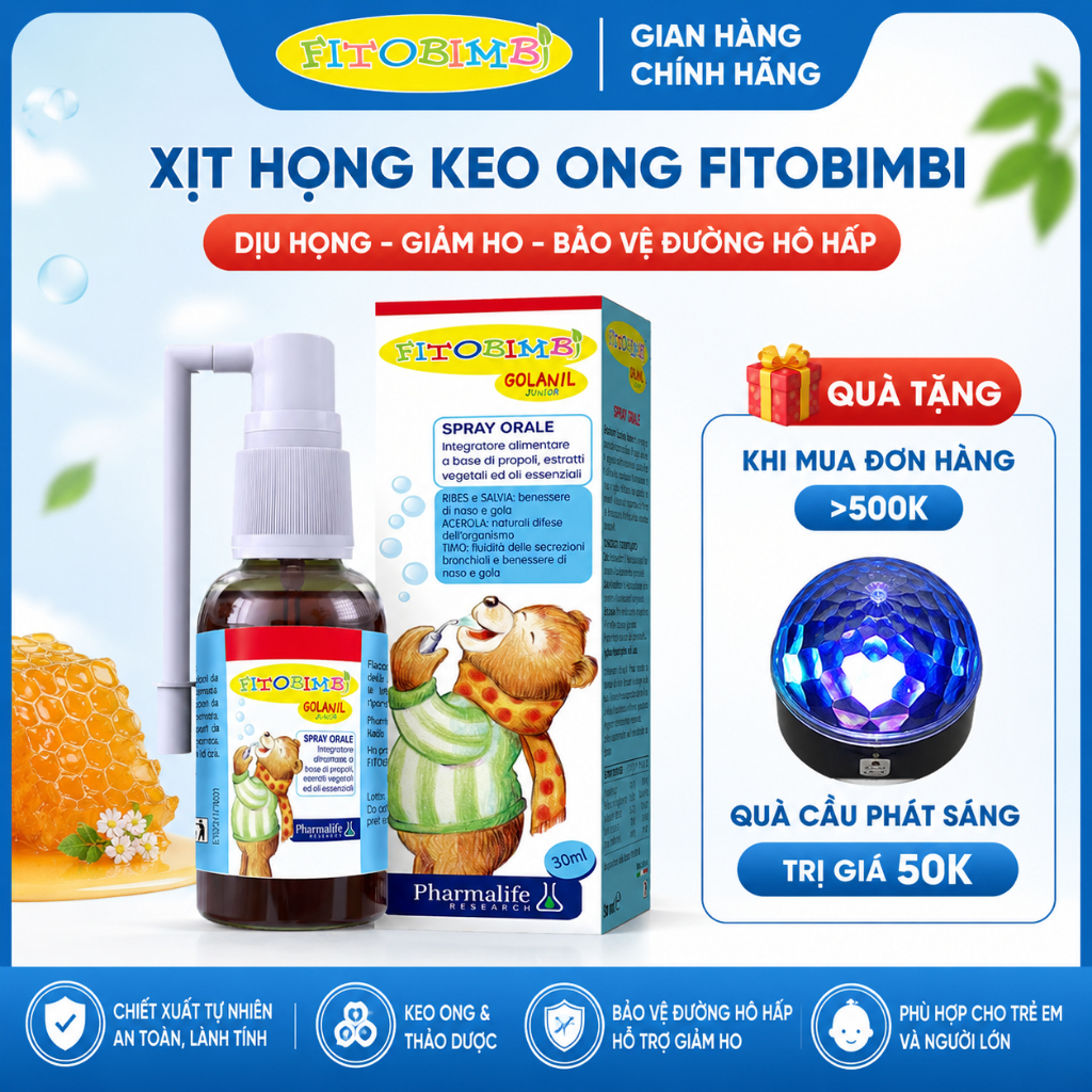 Xịt Họng Keo Ong Fitobimbi Golanil Junior Cho Bé Làm dịu các cơn ho, ngứa họng, đau rát họng 30ml