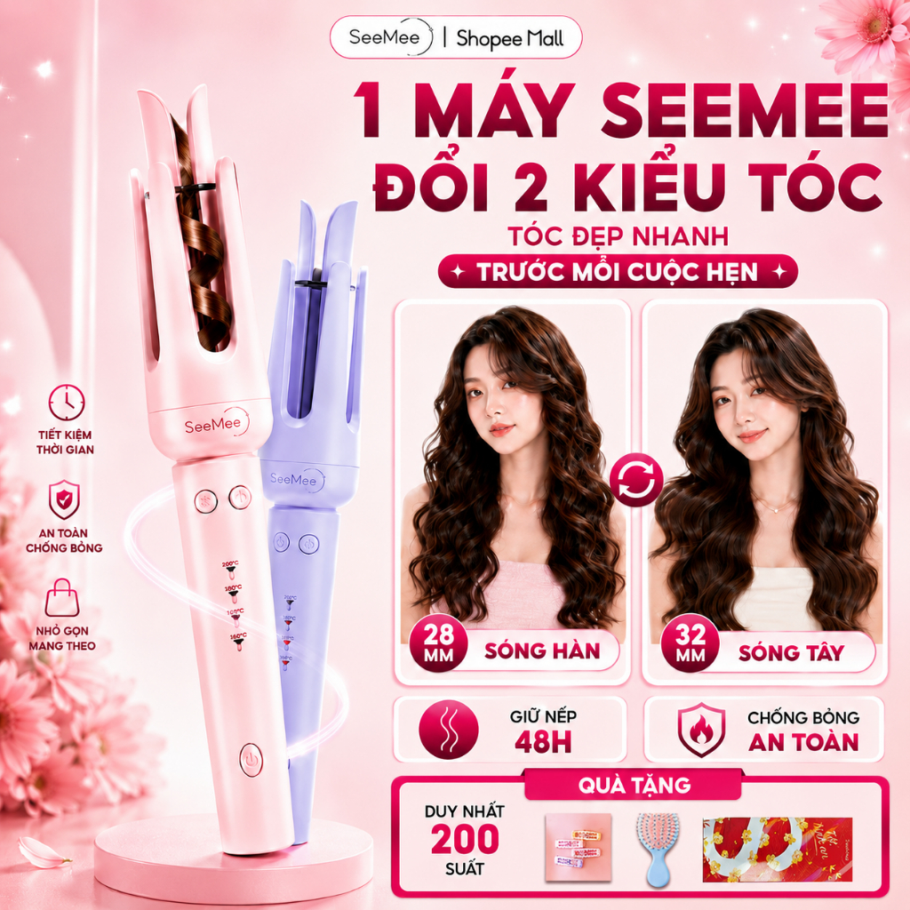 [GIÁ 343K TẠI LIVE SHOP] Máy uốn tóc tự động SeeMee tạo 2 kiểu xoăn trục 28mm 32mm giữ nếp 48h phủ g