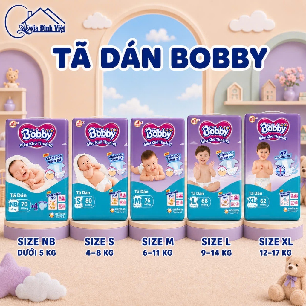 Tã Dán +Miếng lót Bobby thoáng mát cho bé  NB1,NB70,S80,M76,L68,XL62