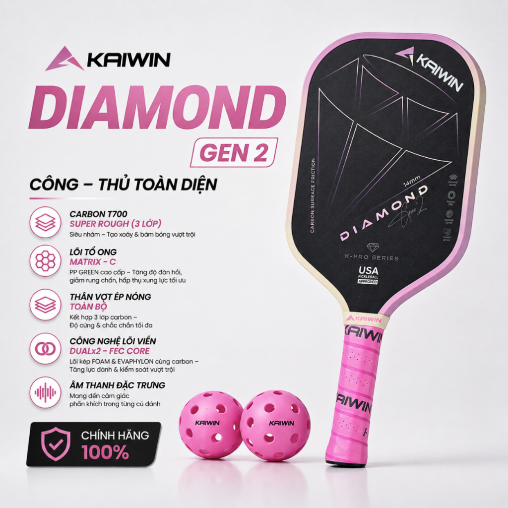 [Lướt 99%] Vợt Pickleball Kaiwin Diamond Gen 2 / K-Pro  – Mặt Carbon T700 - Mới 99%