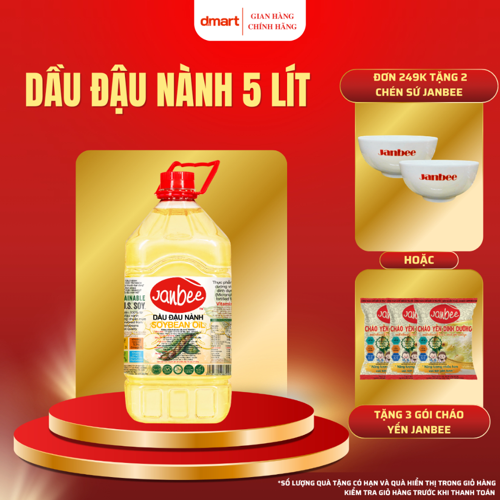 Dầu Đậu Nành Janbee 5 Lít - Dầu Ăn Cao Cấp Nguyên Chất, Giàu Dinh Dưỡng, Không Cholesterol