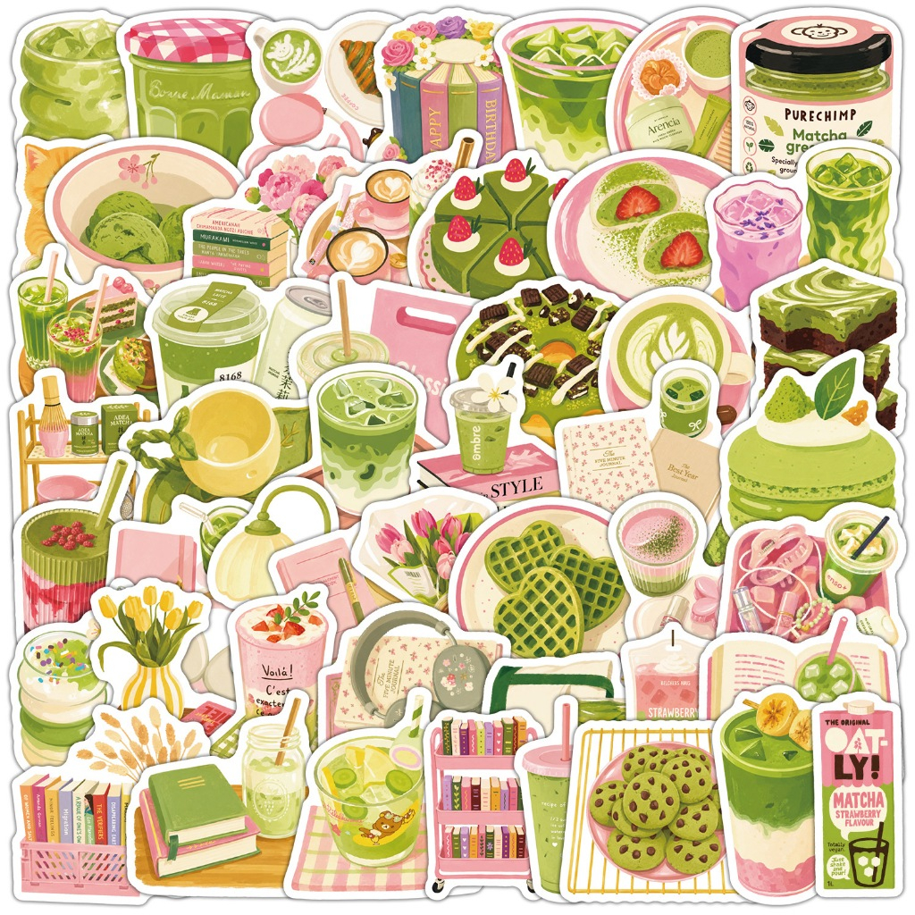 Set 5/10/20/50 cái sticker chống nước ĂN BÁNH MATCHA UỐNG MATCHA LATTE XANH HỒNG DỄ THƯƠNG dán mũ bả