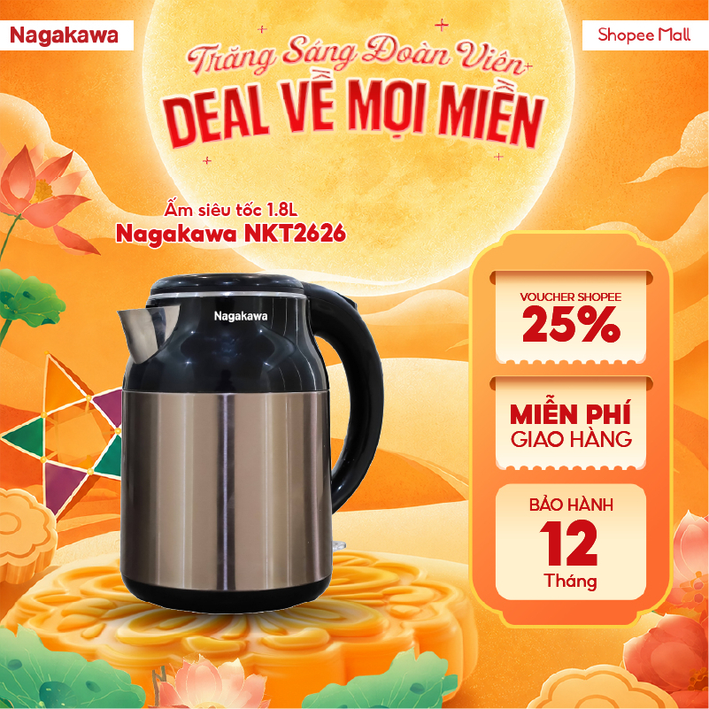 Ấm đun siêu tốc, bình siêu tốc đun nước 1.8L Nagakawa NKT2626, sôi nhanh, tiết kiệm thời gian, bảo h