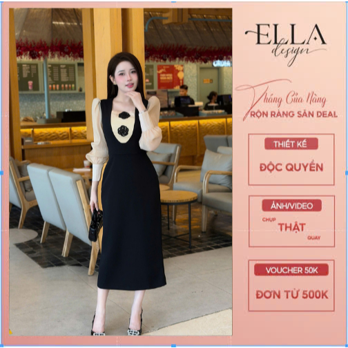 Váy Đầm Thiết Kế Ella Desgin dành cho nữ kiểu dáng váy bút chì suông phối hoa cài đen phù hợp mặc đi