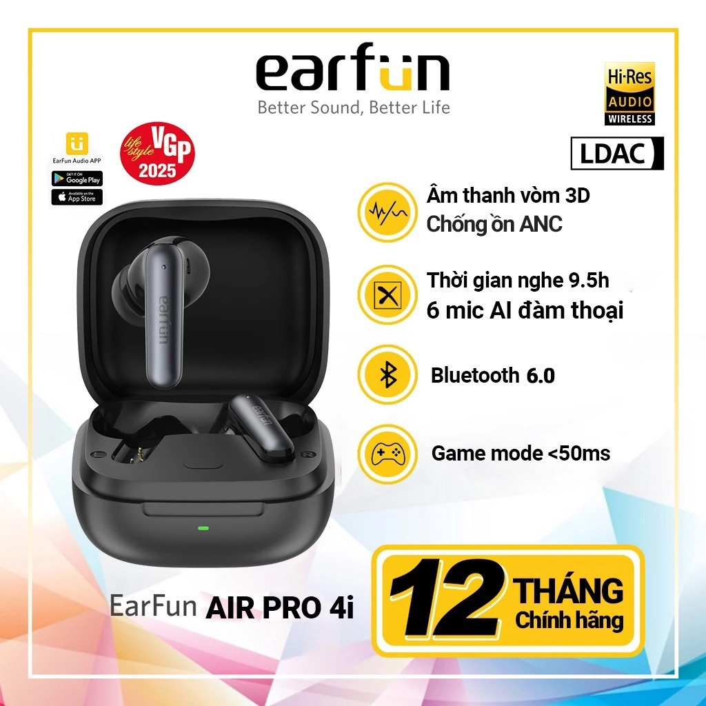 Tai Nghe Bluetooth Earfun Air Pro 4i Chống Ồn Chủ Động 50db Âm Thanh Hi-Res LDAC Pin 40H