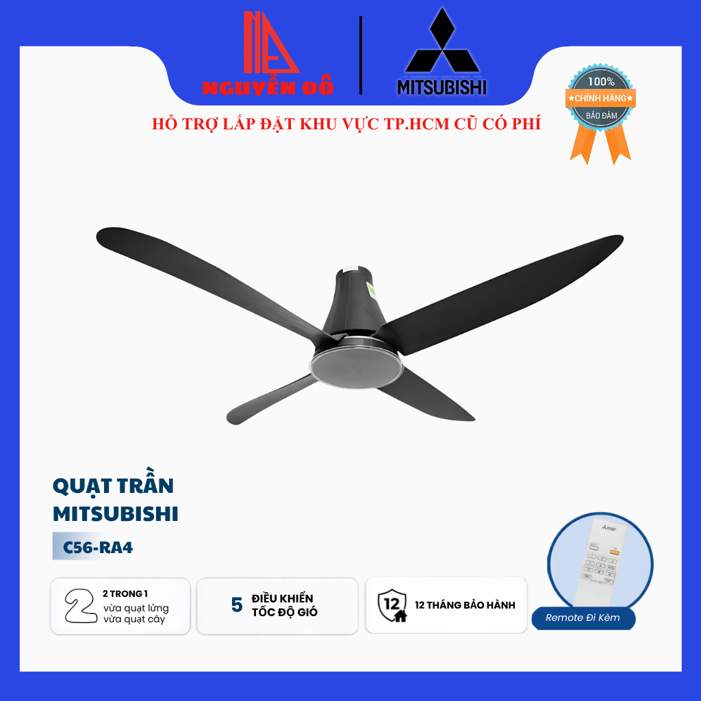 Quạt Trần Mitsubishi Electric C56-RA4 4 Cánh 64W Chính Hãng - Remote Từ Xa, Gió Tự Nhiên, Đèn LED Bá