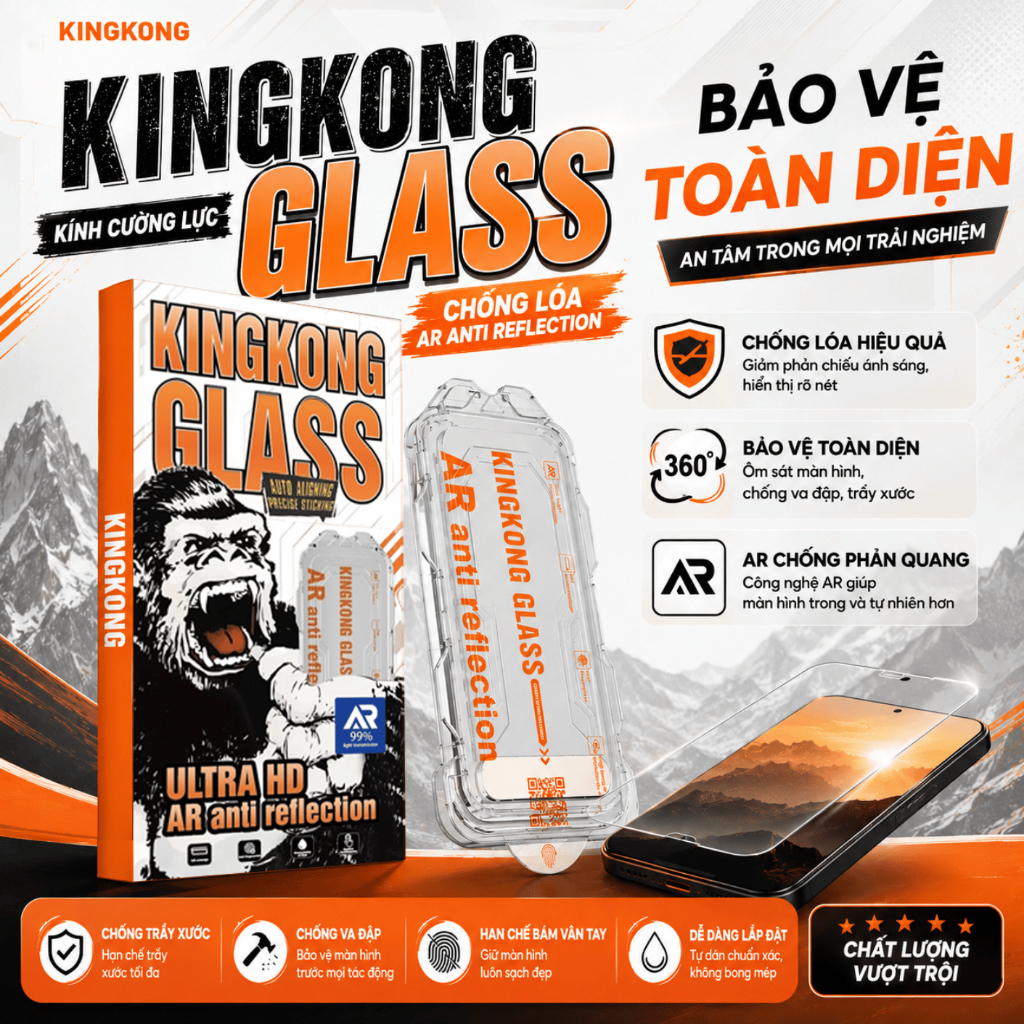 [TỰ DÁN] Kính cường lực cao cấp KINGKONG AR chống lóa, chống trầy tốt, hiển thị sắc nét ip 13 14 15 16 17 18 Pro Promax