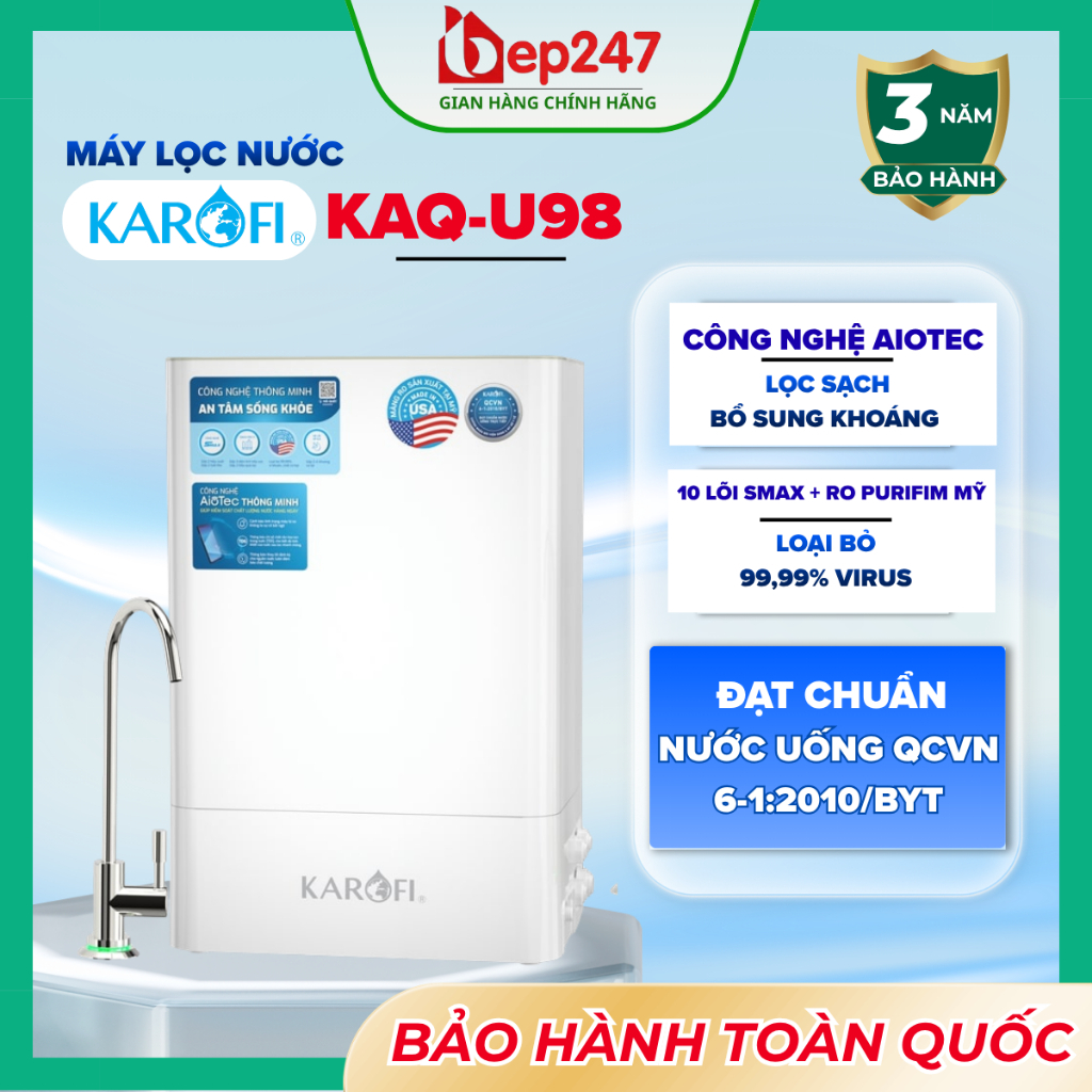 Máy Lọc Nước Karofi KAQ-U98 RO 10 Lõi Smax AioTec Màng RO 50GPD Purifim Mỹ Vòi LED Thông Minh Công S