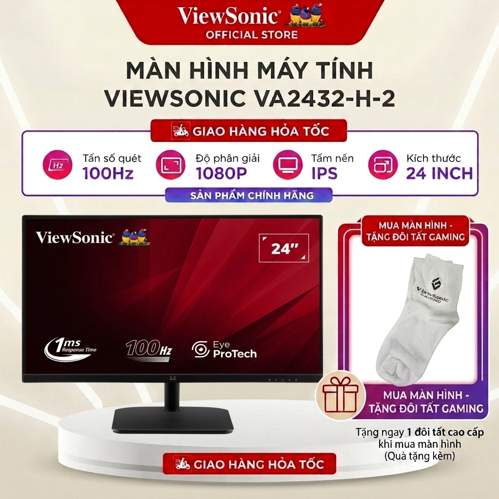 Màn Hình Văn Phòng ViewSonic VA2432-H-2 (23.8 inch/FHD/IPS/100Hz) - Phù hợp giải trí & văn phòng