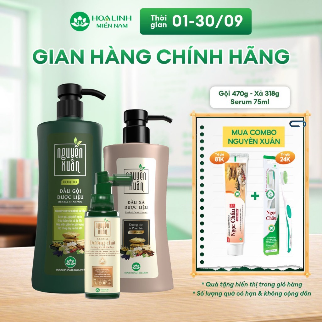 Combo Dầu gội Nguyên Xuân dưỡng tóc 470g KM 50g+ Dầu xả Nguyên Xuân 350g + Serum Nguyên Xuân 75ml KM 15ml