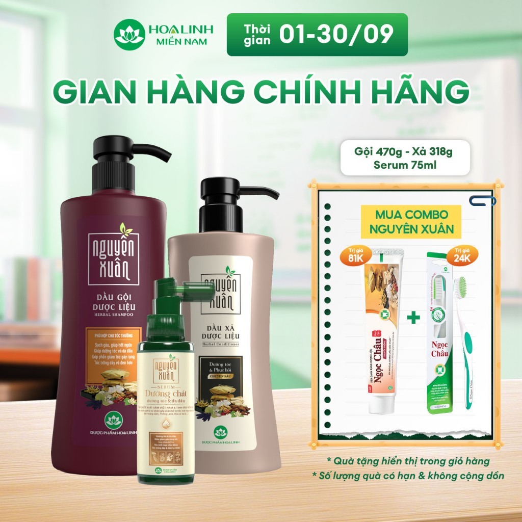 Combo Dầu gội Nguyên Xuân nâu 470g KM 50g+ Dầu xả Nguyên Xuân 350g + Serum Nguyên Xuân 75ml KM 15ml