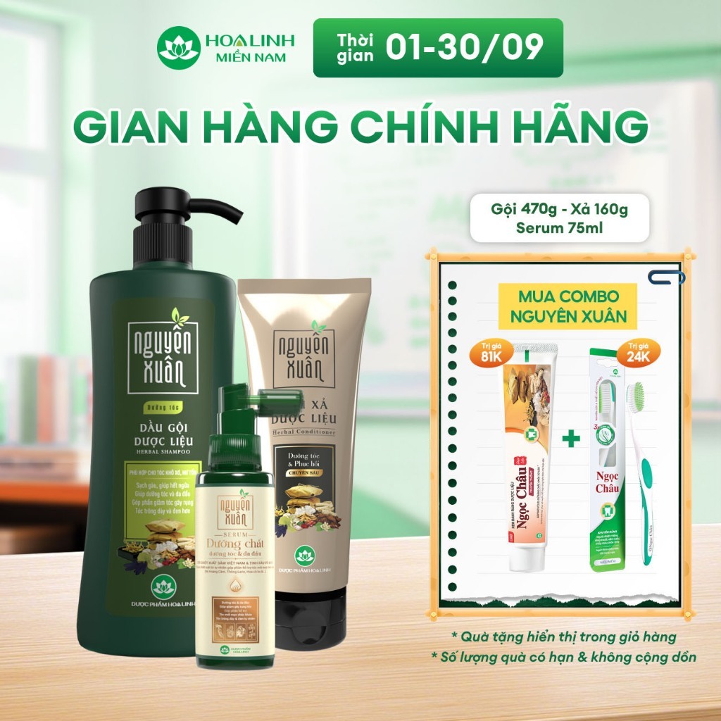 Combo Dầu gội Nguyên Xuân dưỡng tóc 470g KM 50g+ Dầu xả Nguyên Xuân 160g + Serum Nguyên Xuân 75ml KM 15ml- Dành cho tóc