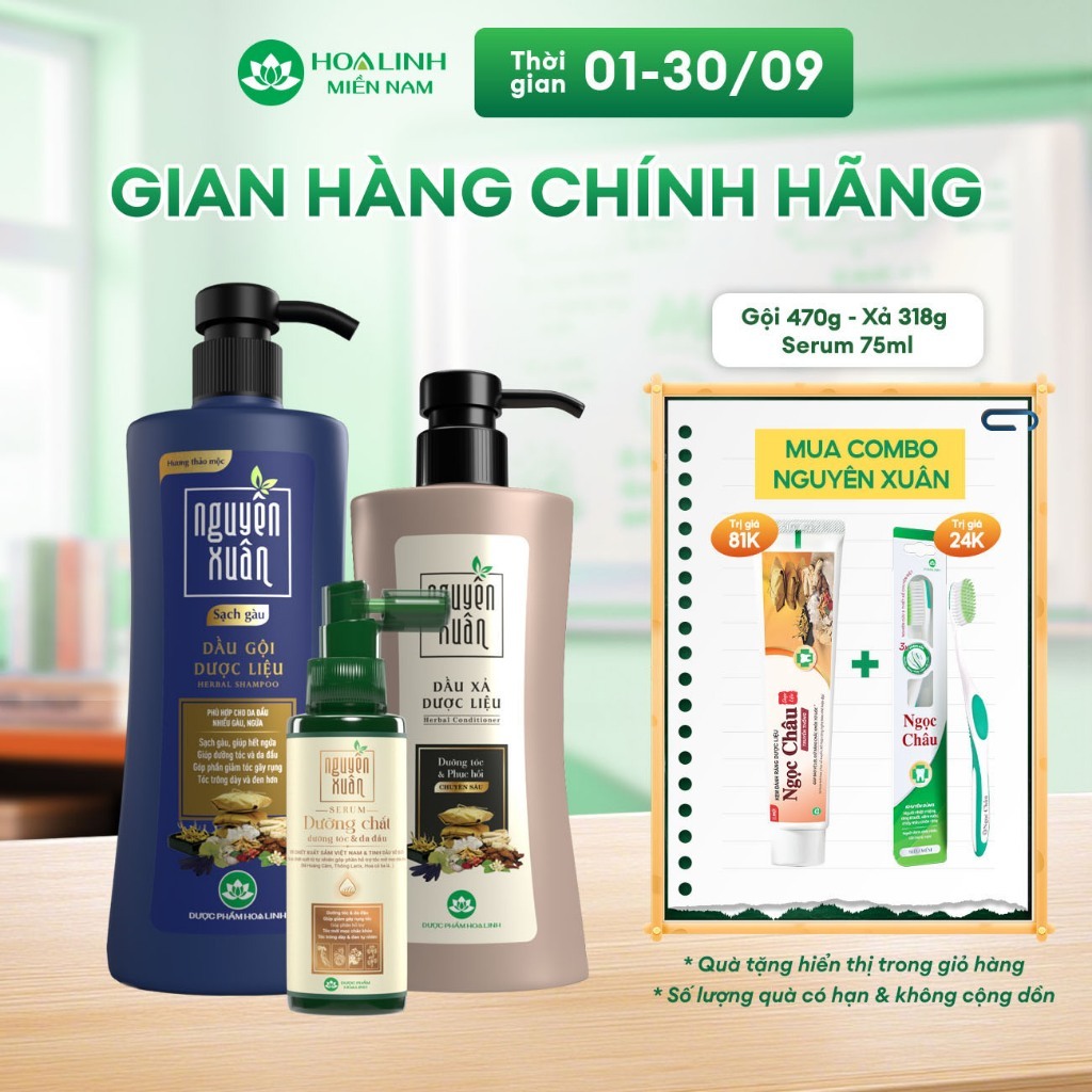 Combo Dầu gội Nguyên Xuân sạch gàu 470g KM 50g+ Dầu xả Nguyên Xuân 350g + Serum Nguyên Xuân 75ml KM 15ml