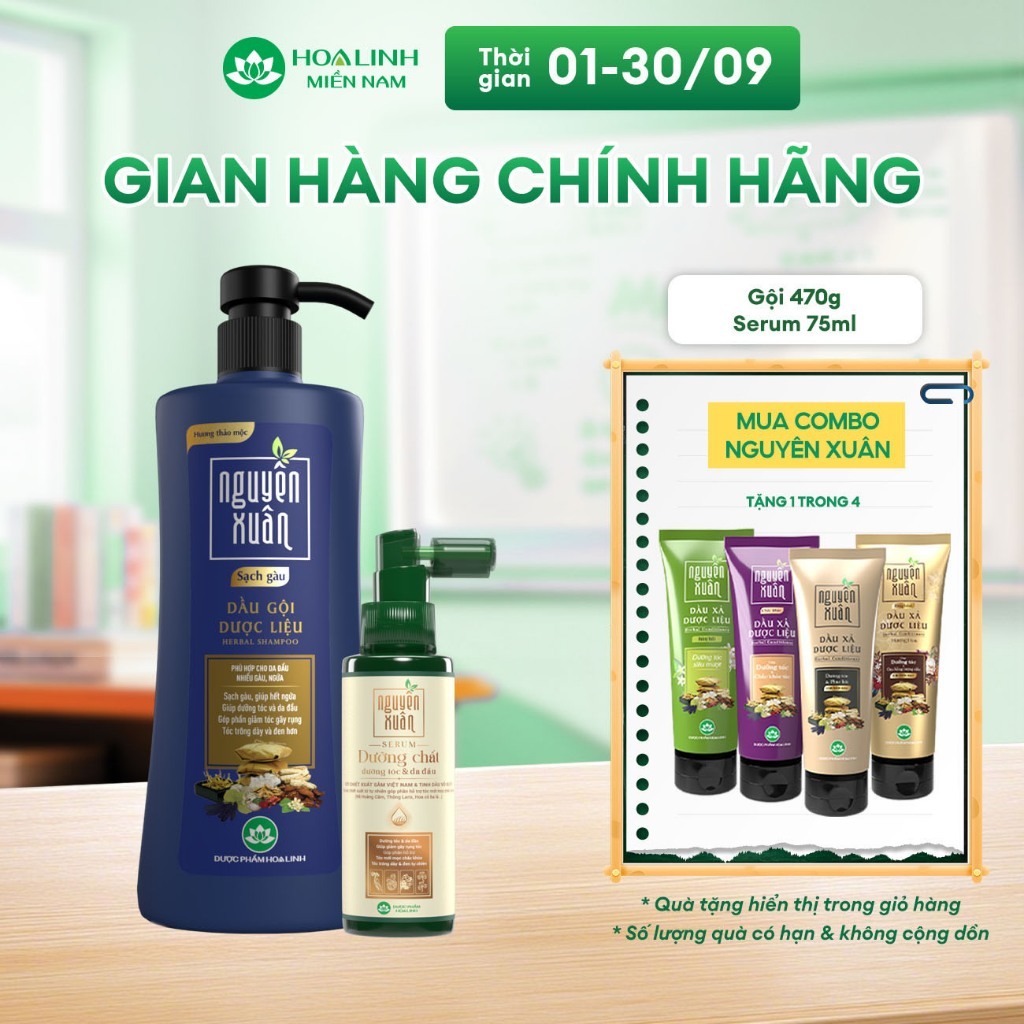 Combo Dầu gội Nguyên Xuân sạch gàu 470g KM 50g + Serum Nguyên Xuân 75ml KM 15ml