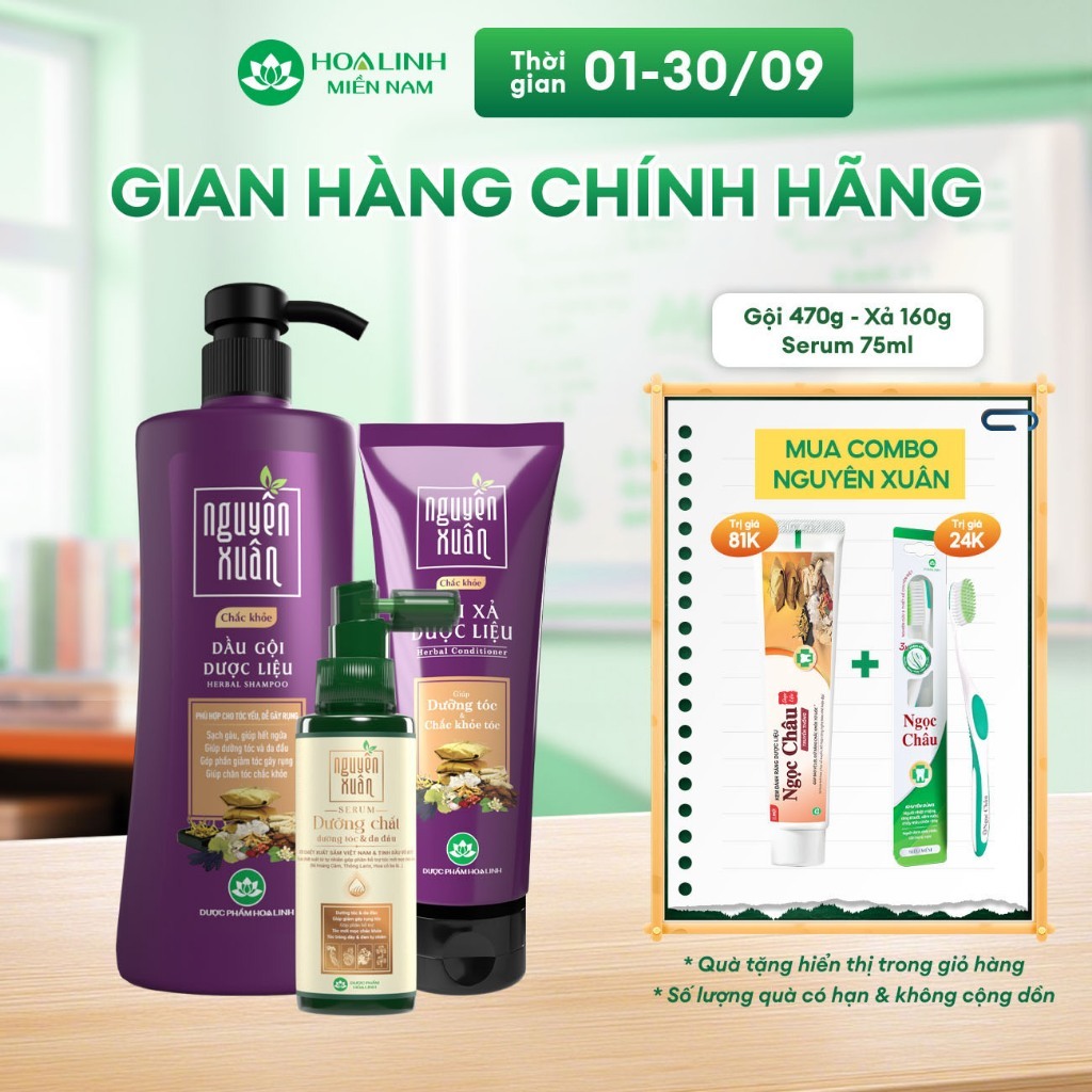 Combo Dầu gội Nguyên Xuân chắc khỏe 470g KM 50g + Dầu xả Nguyên Xuân chắc khỏe 160g + Serum Nguyên Xuân 75ml KM 15ml