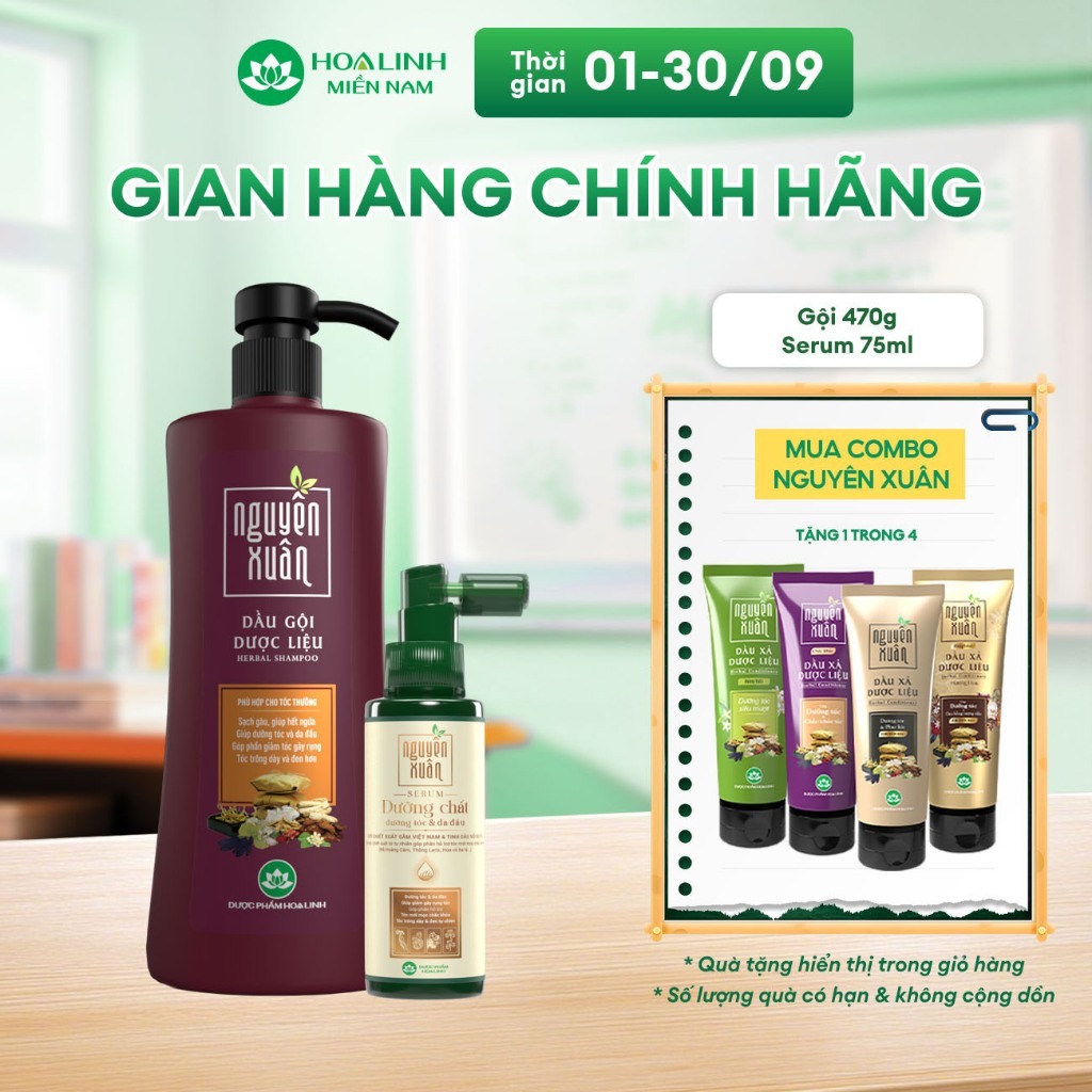 Combo Dầu gội Nguyên Xuân nâu 470g KM 50g + Serum Nguyên Xuân 75ml KM 15ml