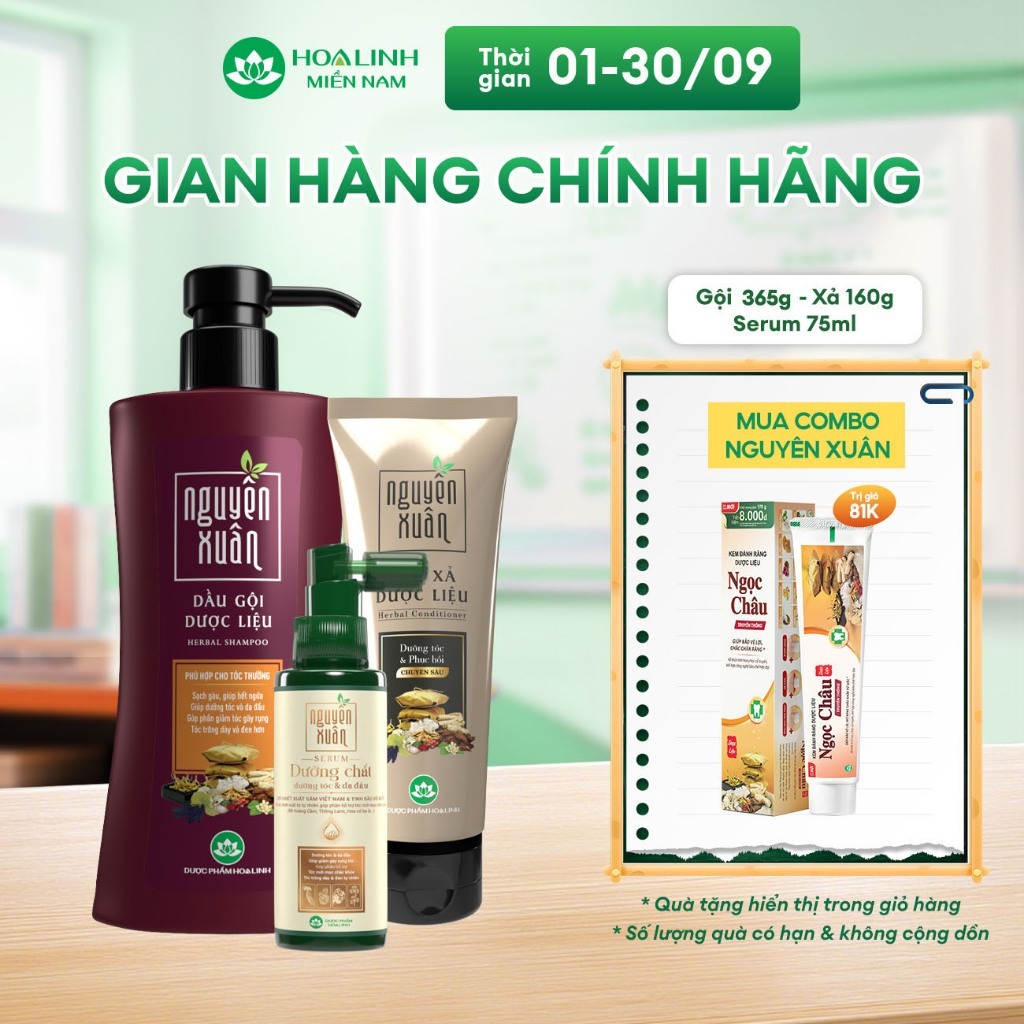 Combo Dầu gội Nguyên Xuân nâu 365g km 35g + Dầu xả Nguyên Xuân 160g + Serum Nguyên Xuân 75ml KM 15ml