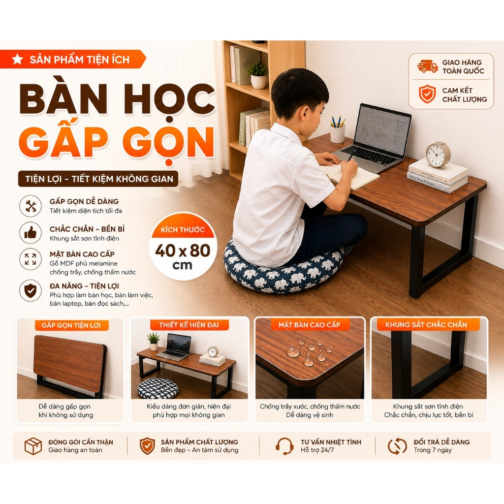 Bàn học gấp gọn ngồi bệt bàn gấp học sinh tiện ích kích thước 40x80 50x70 50x80 cao 35cm