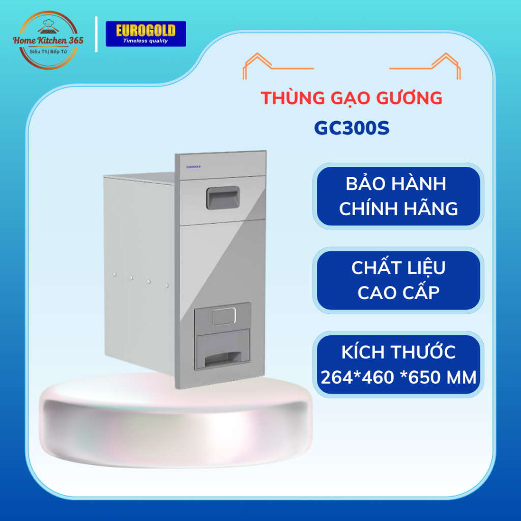 Thùng Gạo Gương Nút Nhấn Eurogold GC300G/ GC300S/ GC300B – Inox Mặt Gương, Tủ Rộng 300mm