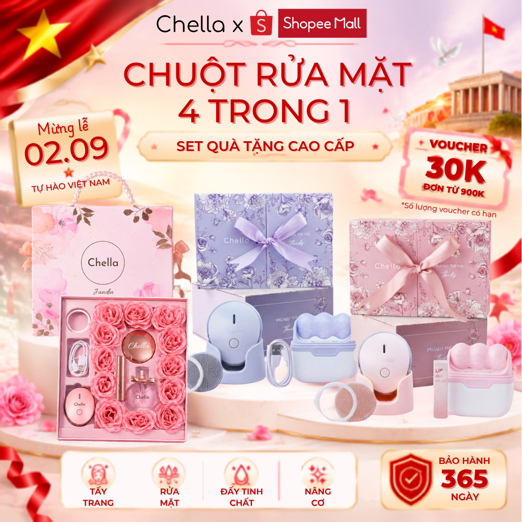 [SET QUÀ TẶNG] Chuột rửa mặt Chella 4 trong 1 kiêm Tẩy Trang, Đẩy Tinh Chất, Massage Nâng Cơ - Bảo h