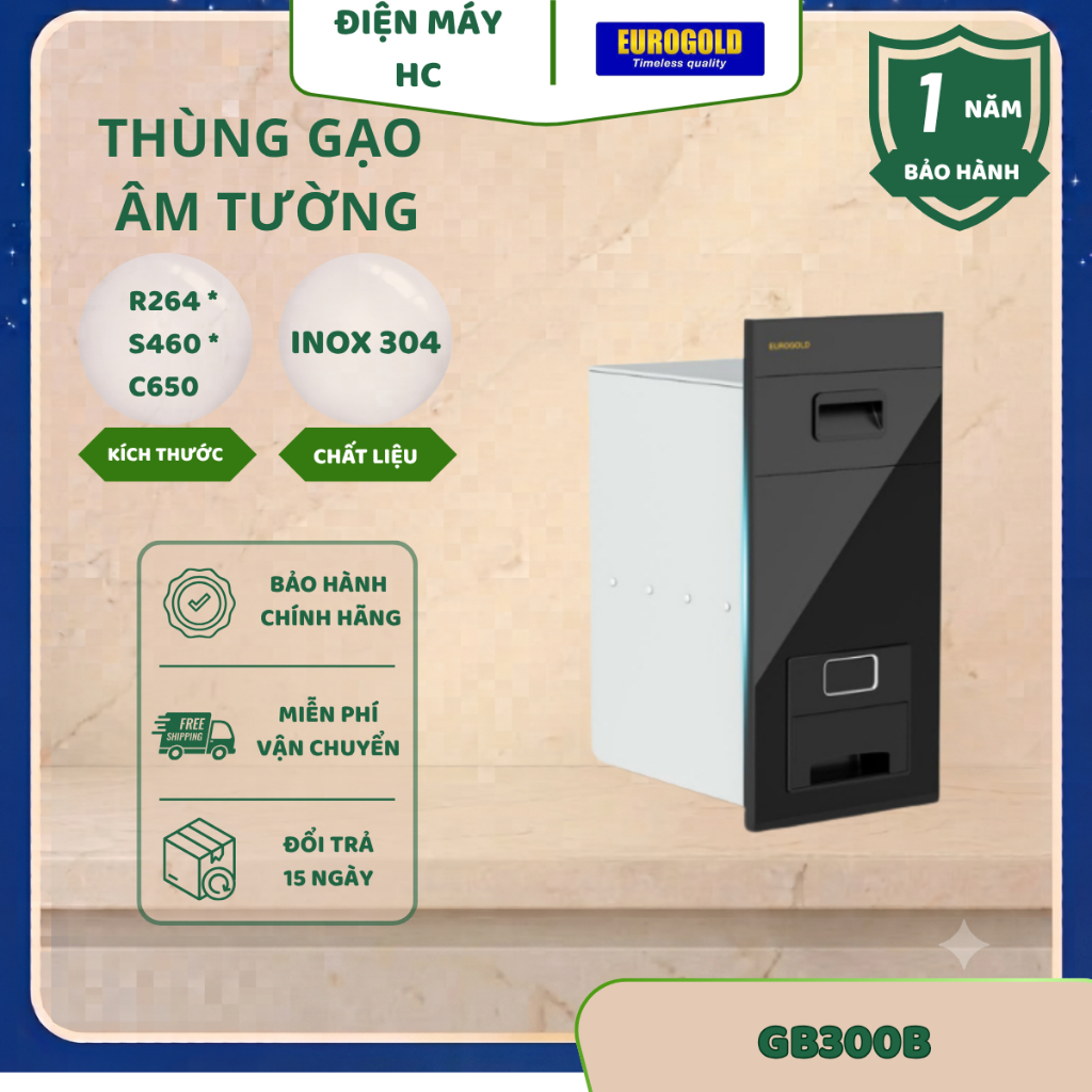 Thùng gạo inox Eurogold B303/GB300B – Nắp kín, gắn cánh, bảo quản lâu dài