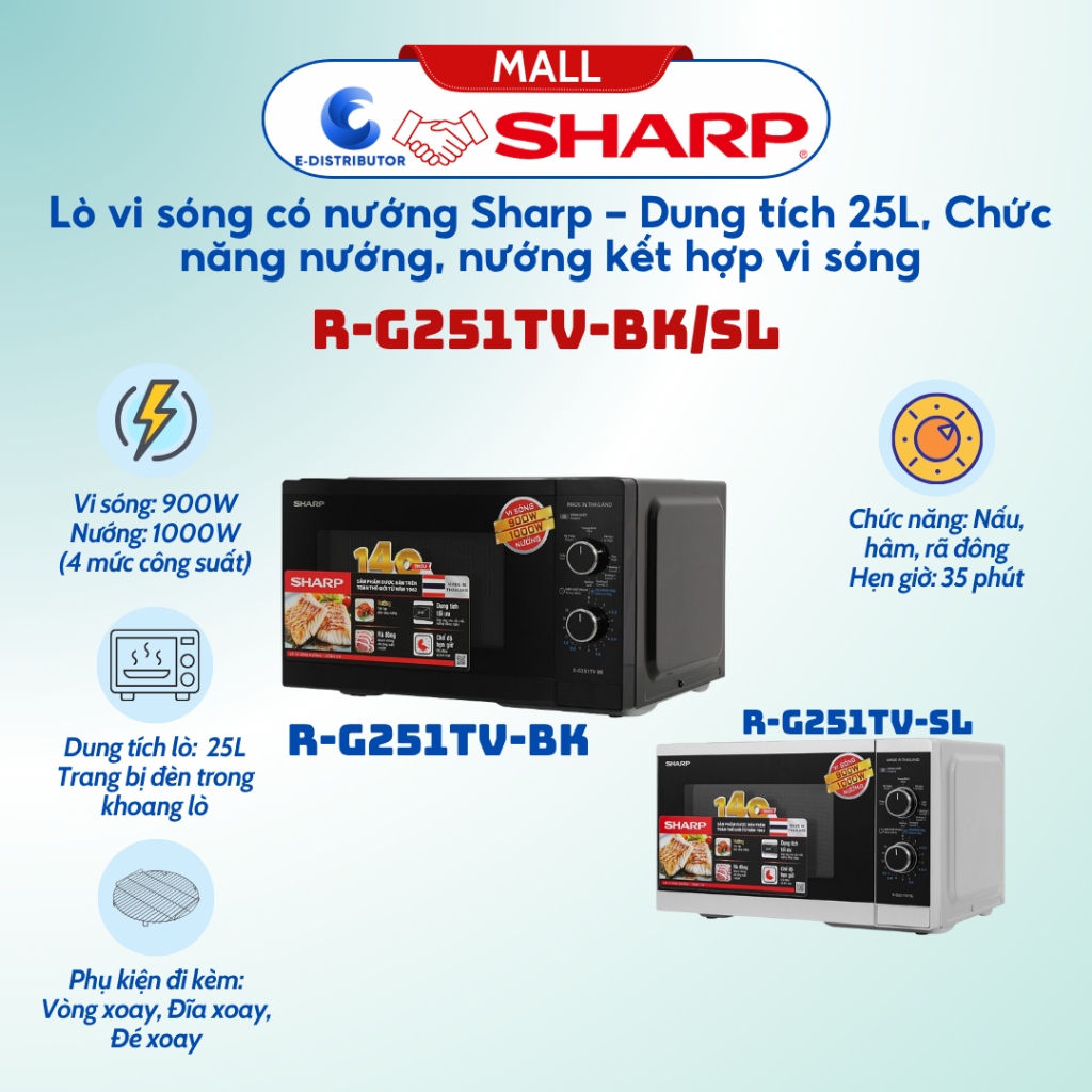 Lò vi sóng có nướng Sharp R-G251TV-BK/SL, Dung tích 25L, Nướng kết hợp vi sóng - Hàng chính hãng