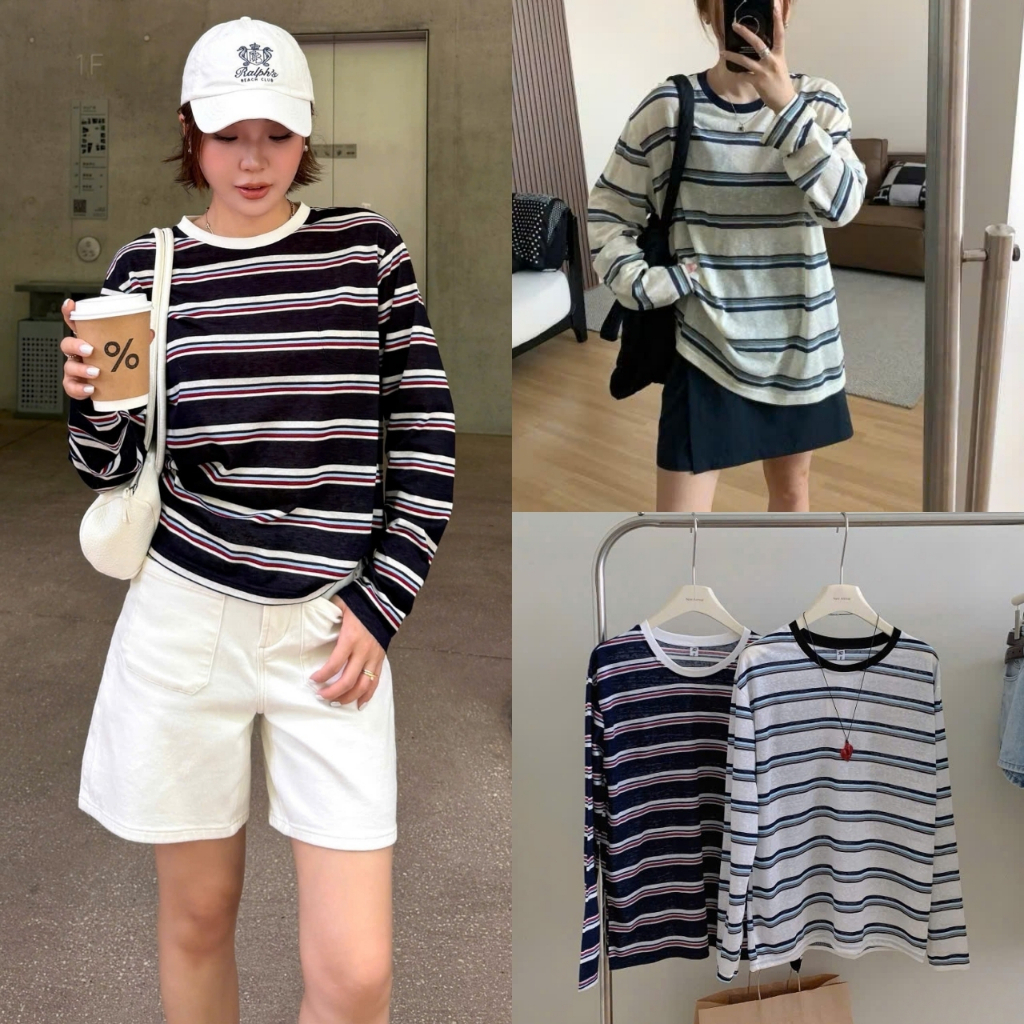 Áo Thun Giấy Kẻ Ngang Cổ Tròn Tay Dài Form Rộng, Labibi