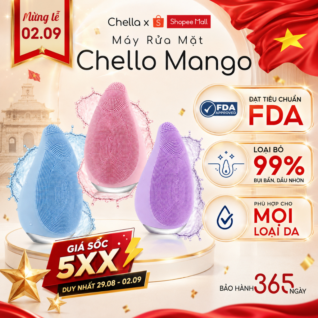 Máy rửa mặt Chella Mangoo - Đạt chuẩn FDA - Loại bỏ bụi bẩn, hỗ trợ sạch sâu - Bảo hành 1 Năm| Quà T
