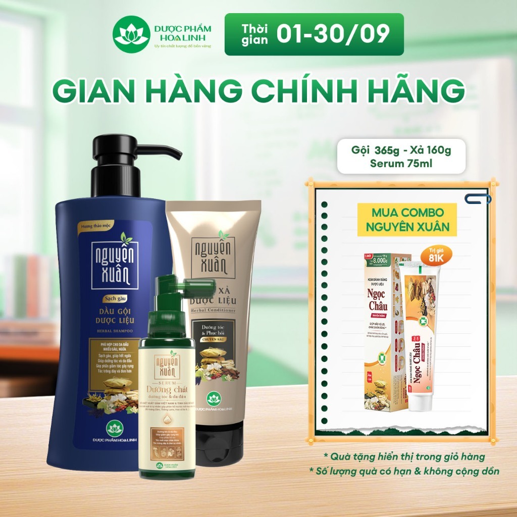 Combo Dầu gội Nguyên Xuân sạch gàu 365g KM 35ml+ Dầu xả Nguyên Xuân 160g + Serum Nguyên Xuân 75ml KM 15ml