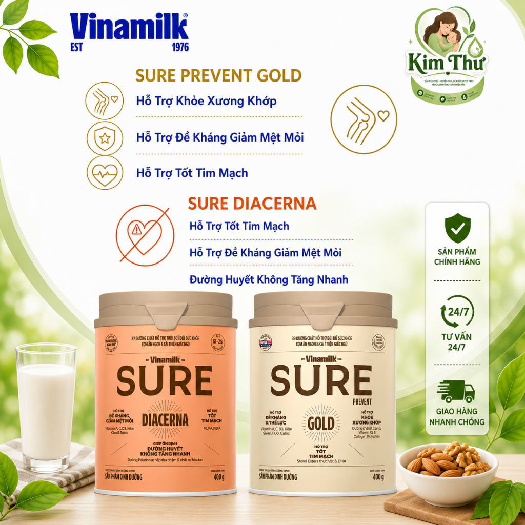 [Vinamilk] Sữa Bột Sure Prevent Gold/ Sure Diacerna 900g  (Combo 1,2,4 Lon)