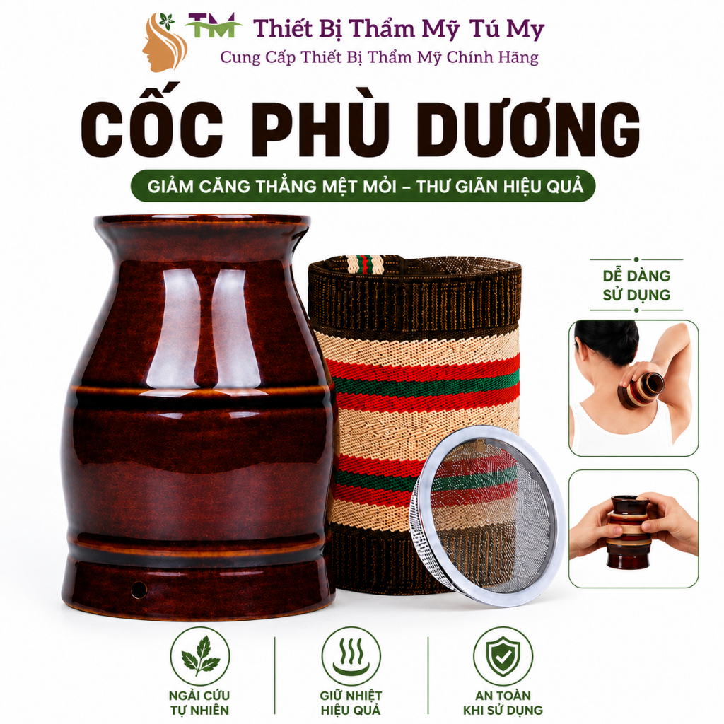 Cốc Xông Ngải Cứu, Cốc Phù Dương Xông Ngải Cứu Đông Y Chất Liệu Gốm Dùng Massage Cạo Gió