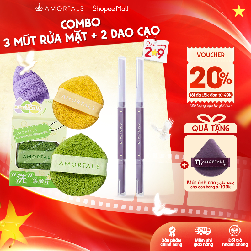 Combo Bông mút rửa mặt Amortals và 2 dao cạo 2 đầu cao cấp Amortals