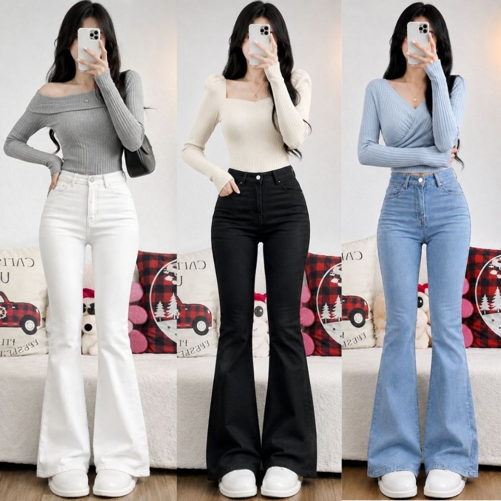 Quần jean Nữ ống loe MIAA cạp cao màu đen tôn dáng chất bò denim co giãn 4 chiều đầy đủ size