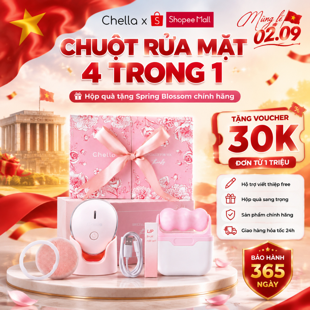 [SET QUÀ CAO CẤP] Chuột rửa mặt Chella 4 trong 1 - Kiêm Tẩy trang - Nâng cơ - Di tinh chất | Hỗ Trợ 