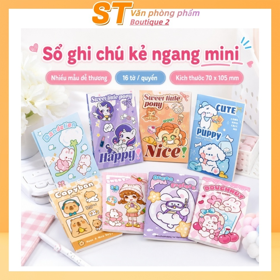 Sổ tay ghi chú dạng kẹp ngựa (ghim càng cua) hình hoạt hình, ruột kẻ ngang, 16 tờ/quyển, kích thước 